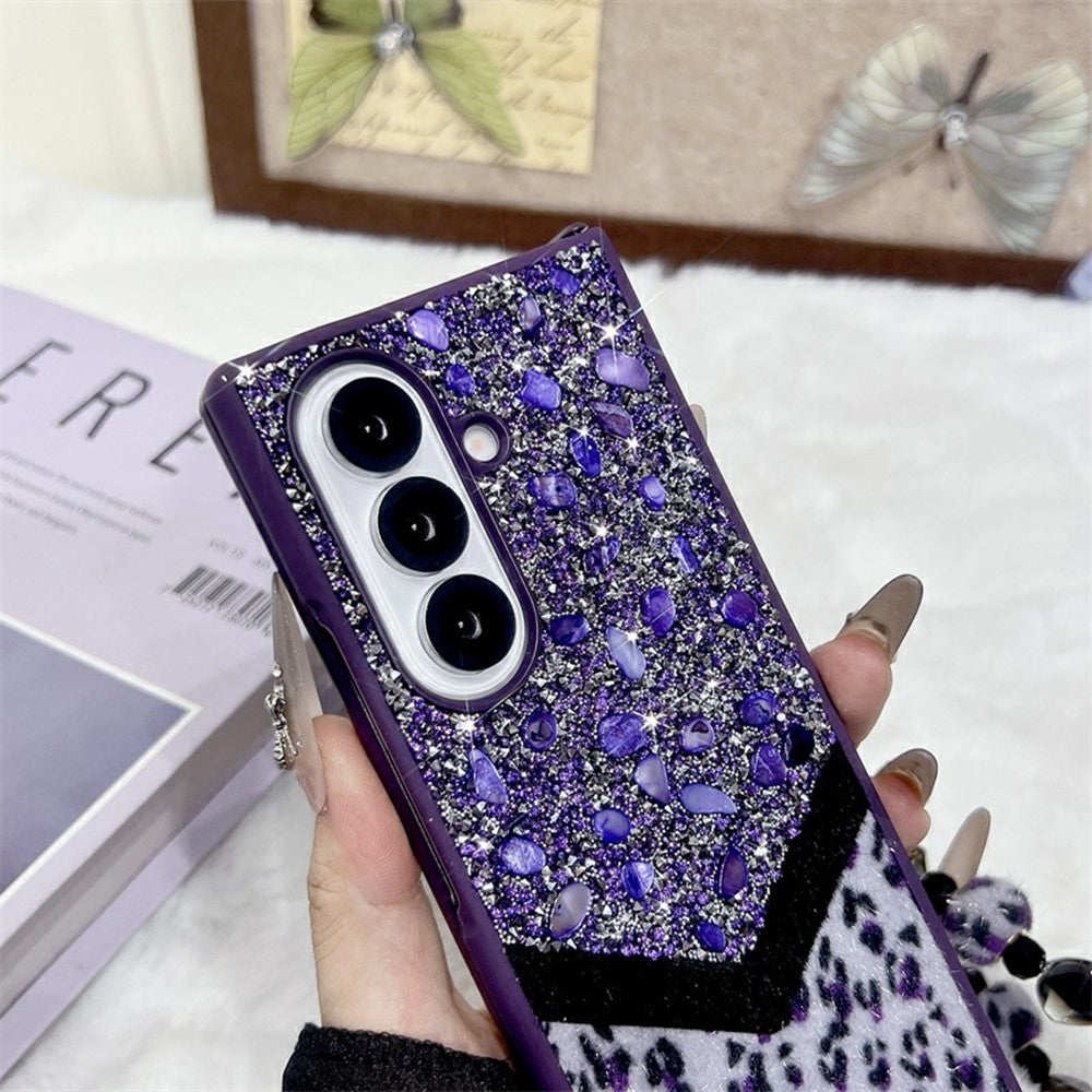 For Samsung Galaxy Z Fold7 5G Case Stone Decor Glitter Leopard Splicing Plush PC Phone Cover with Hand Chain - Purple
