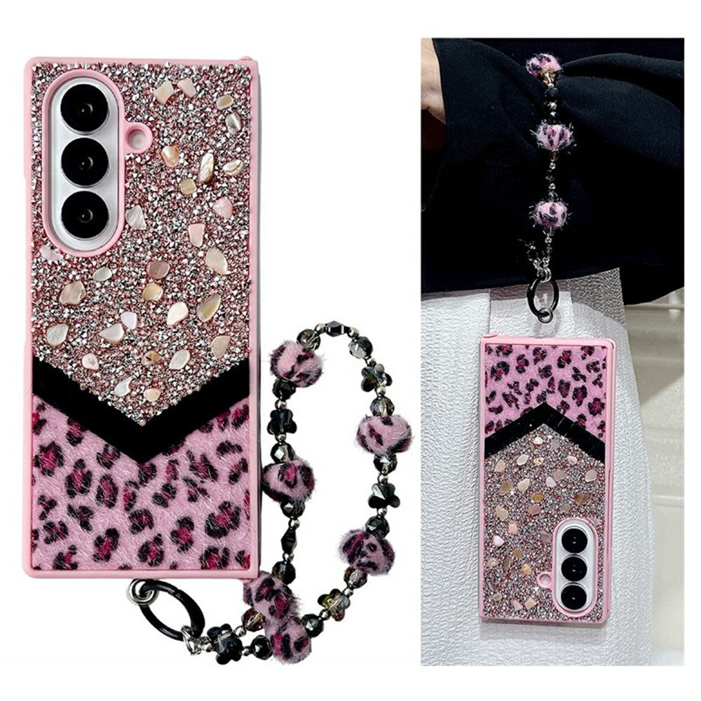For Samsung Galaxy Z Fold7 5G Case Stone Decor Glitter Leopard Splicing Plush PC Phone Cover with Hand Chain - Pink