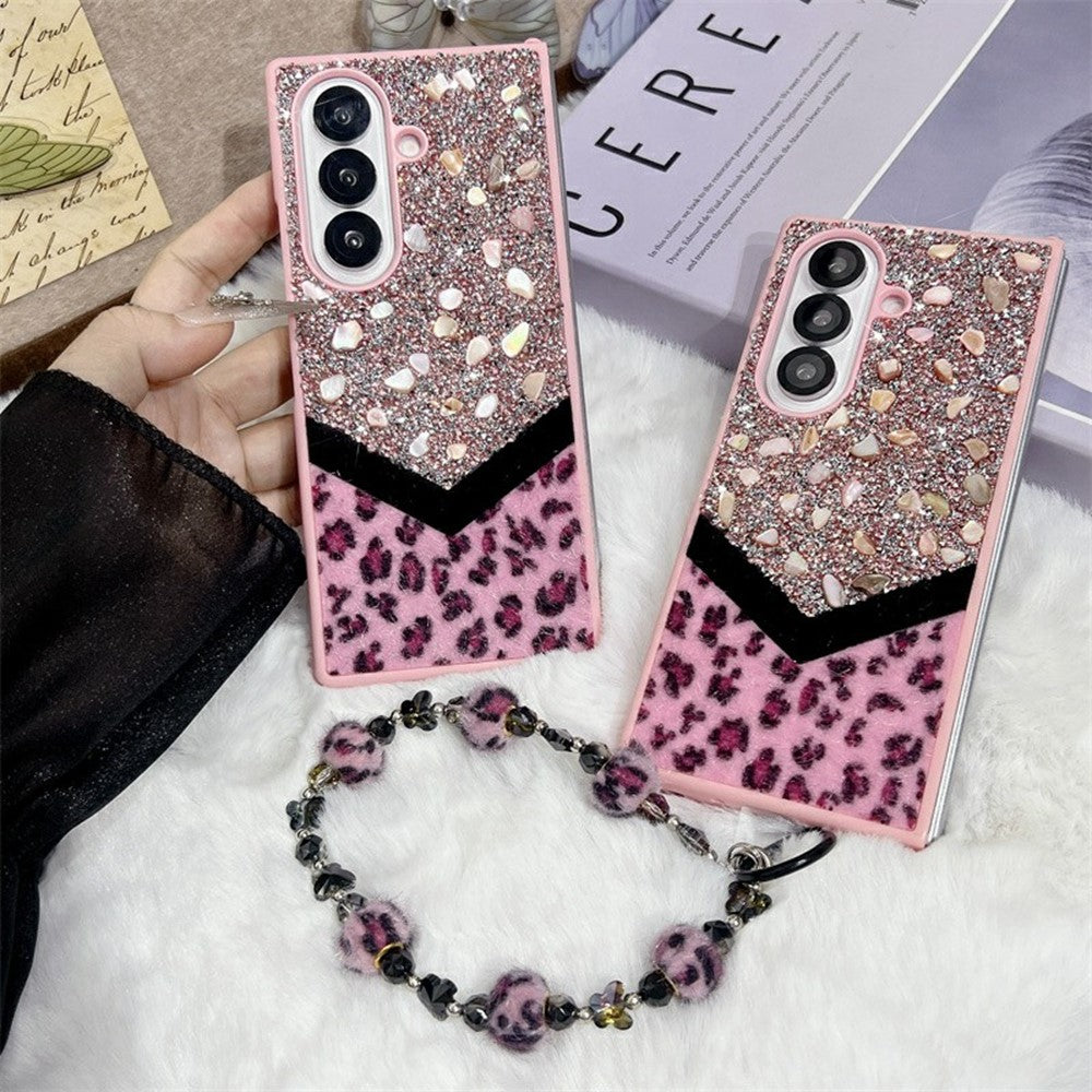For Samsung Galaxy Z Fold7 5G Case Stone Decor Glitter Leopard Splicing Plush PC Phone Cover with Hand Chain - Pink