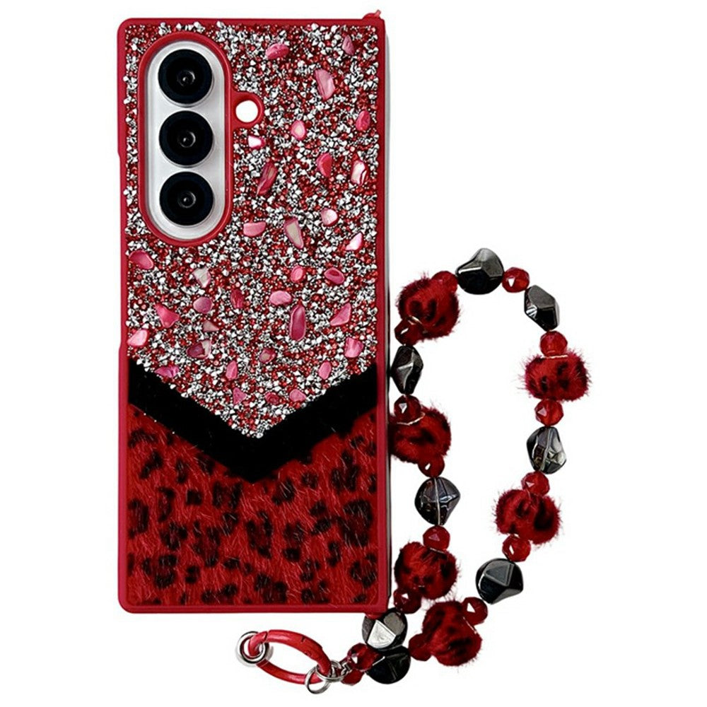 For Samsung Galaxy Z Fold7 5G Case Stone Decor Glitter Leopard Splicing Plush PC Phone Cover with Hand Chain - Red