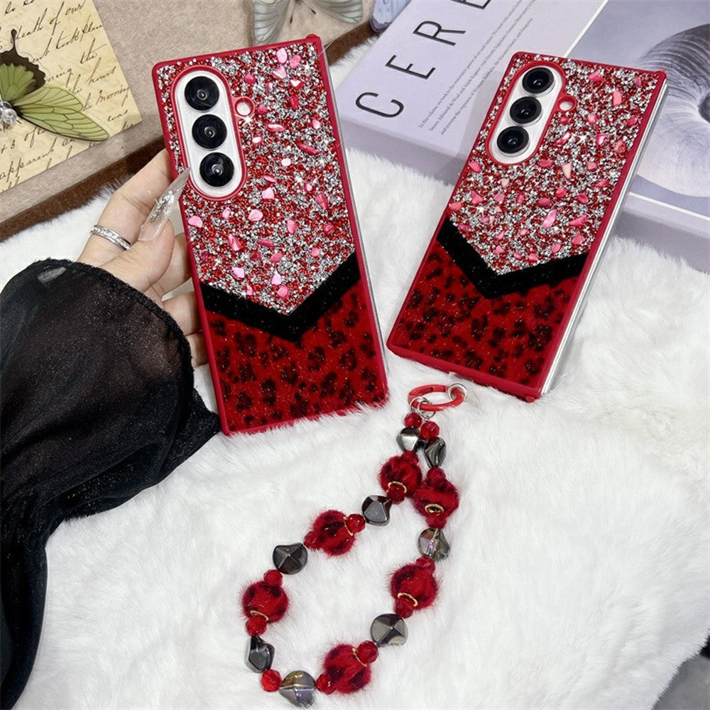 For Samsung Galaxy Z Fold7 5G Case Stone Decor Glitter Leopard Splicing Plush PC Phone Cover with Hand Chain - Red