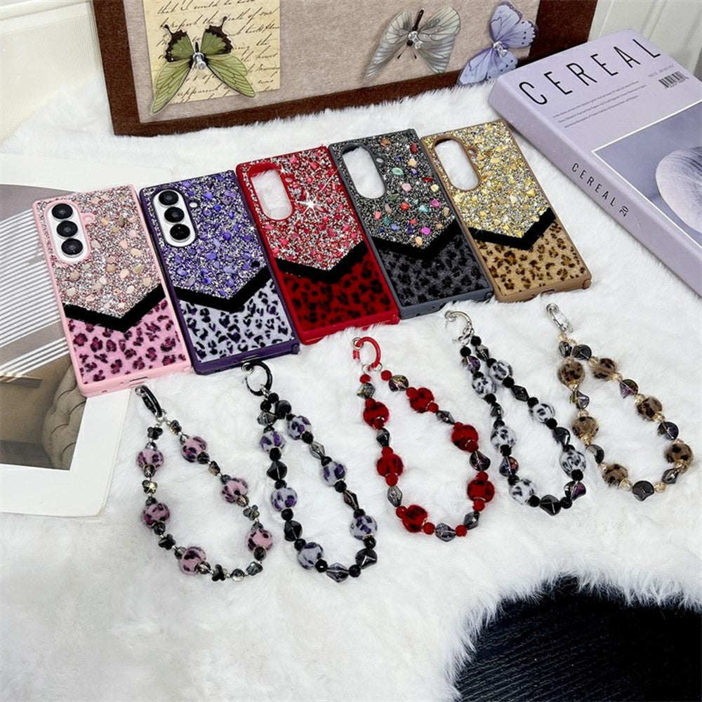 For Samsung Galaxy Z Fold7 5G Case Stone Decor Glitter Leopard Splicing Plush PC Phone Cover with Hand Chain - Grey