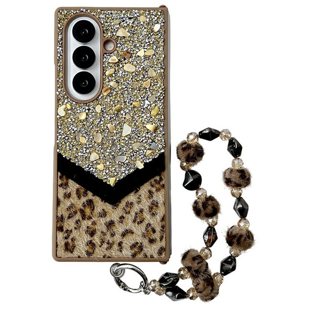 For Samsung Galaxy Z Fold7 5G Case Stone Decor Glitter Leopard Splicing Plush PC Phone Cover with Hand Chain - Gold