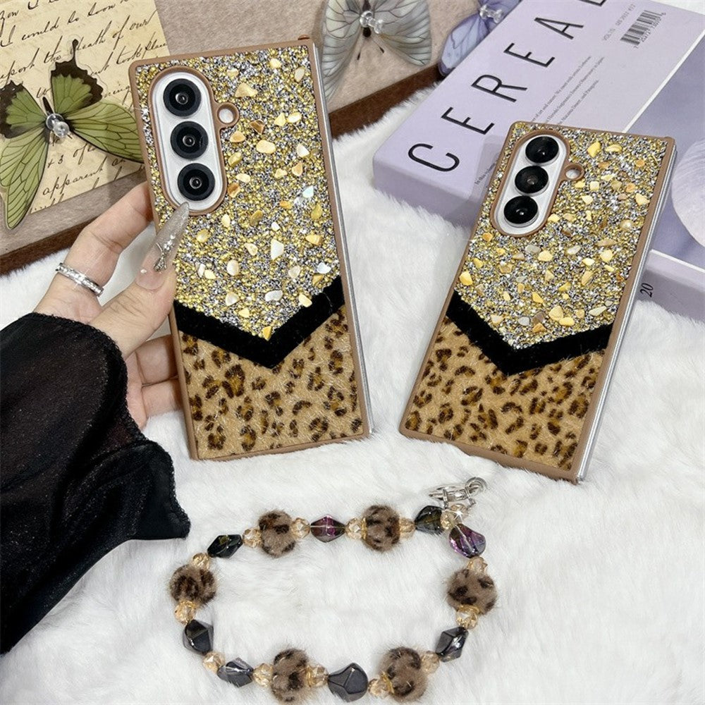 For Samsung Galaxy Z Fold7 5G Case Stone Decor Glitter Leopard Splicing Plush PC Phone Cover with Hand Chain - Gold