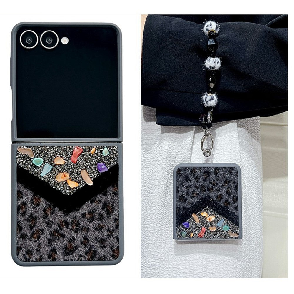 For Samsung Galaxy Z Flip7 5G Case Stone Decor Glitter Leopard Splicing Plush PC Phone Cover with Hand Chain - Grey