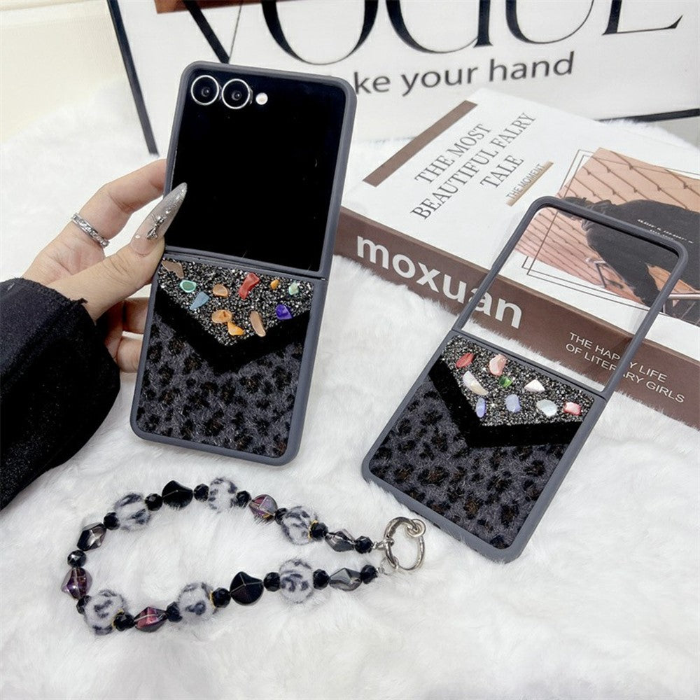 For Samsung Galaxy Z Flip7 5G Case Stone Decor Glitter Leopard Splicing Plush PC Phone Cover with Hand Chain - Grey