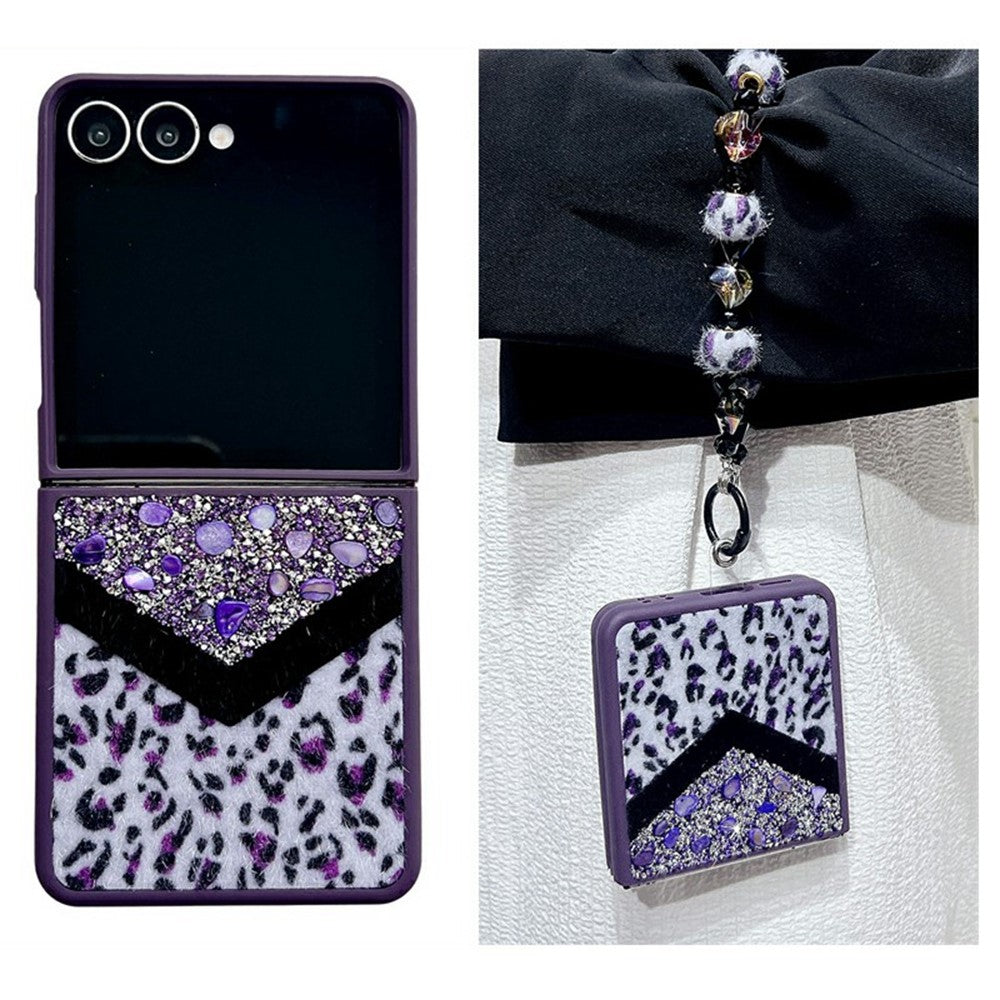 For Samsung Galaxy Z Flip7 5G Case Stone Decor Glitter Leopard Splicing Plush PC Phone Cover with Hand Chain - Purple
