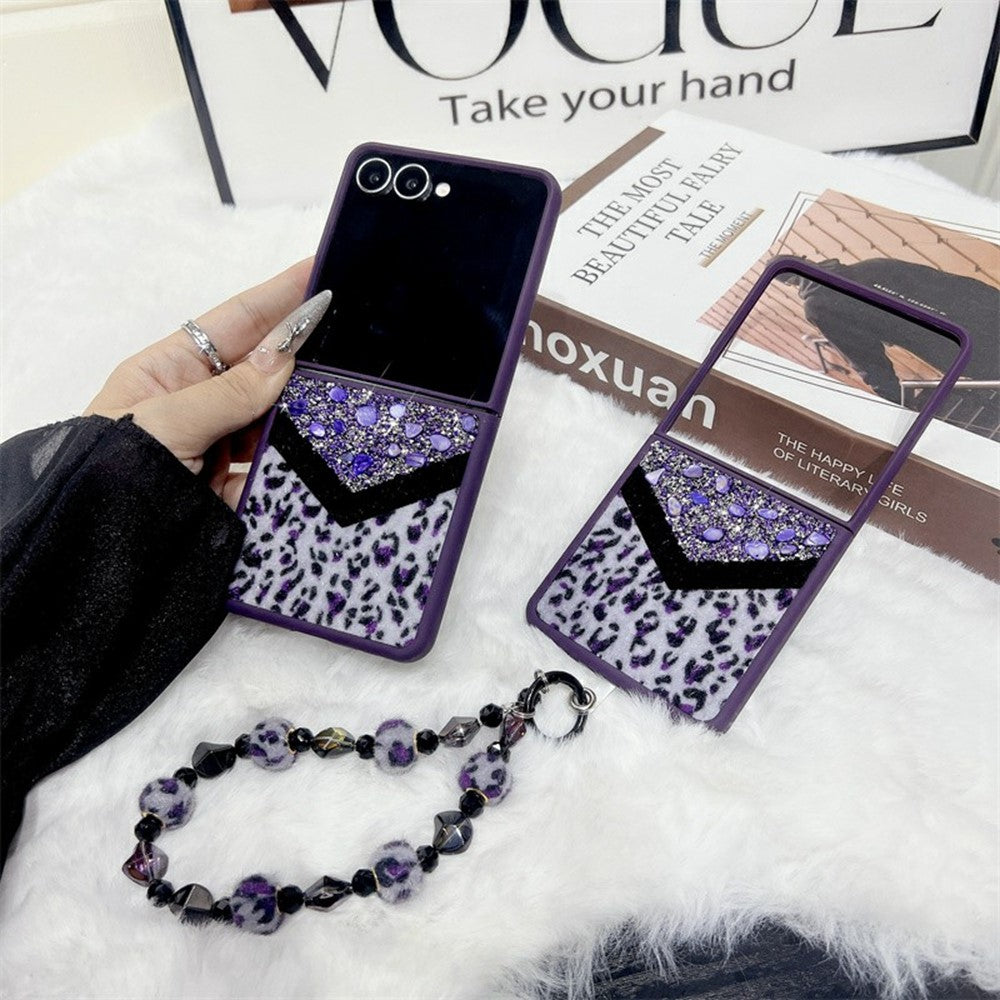 For Samsung Galaxy Z Flip7 5G Case Stone Decor Glitter Leopard Splicing Plush PC Phone Cover with Hand Chain - Purple