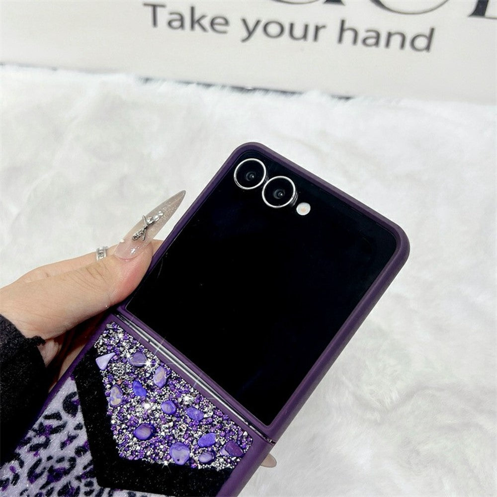 For Samsung Galaxy Z Flip7 5G Case Stone Decor Glitter Leopard Splicing Plush PC Phone Cover with Hand Chain - Purple