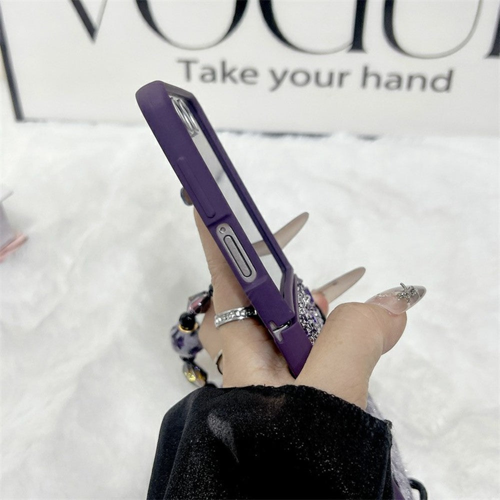 For Samsung Galaxy Z Flip7 5G Case Stone Decor Glitter Leopard Splicing Plush PC Phone Cover with Hand Chain - Purple