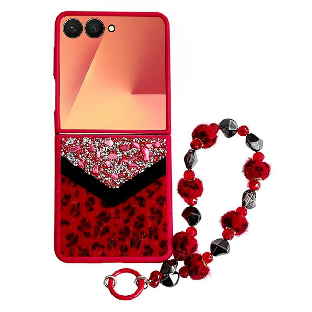 For Samsung Galaxy Z Flip7 5G Case Stone Decor Glitter Leopard Splicing Plush PC Phone Cover with Hand Chain - Red