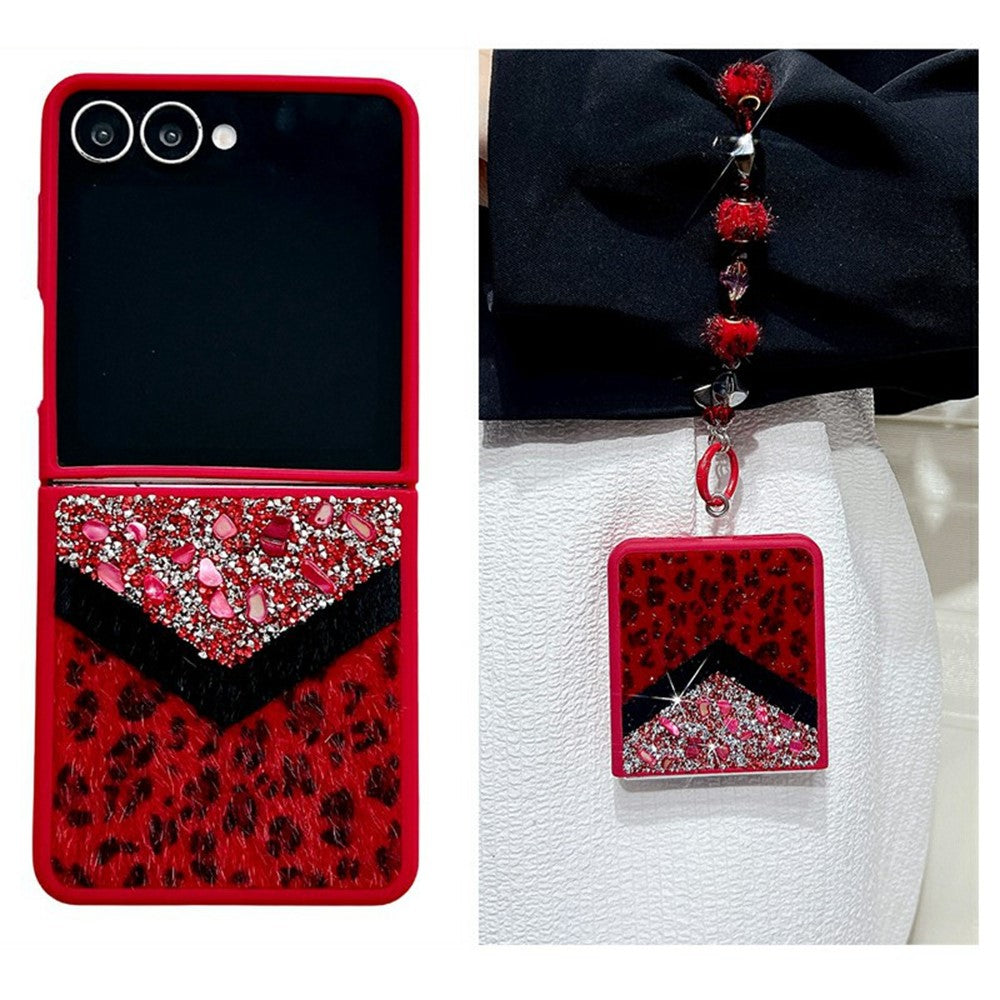 For Samsung Galaxy Z Flip7 5G Case Stone Decor Glitter Leopard Splicing Plush PC Phone Cover with Hand Chain - Red