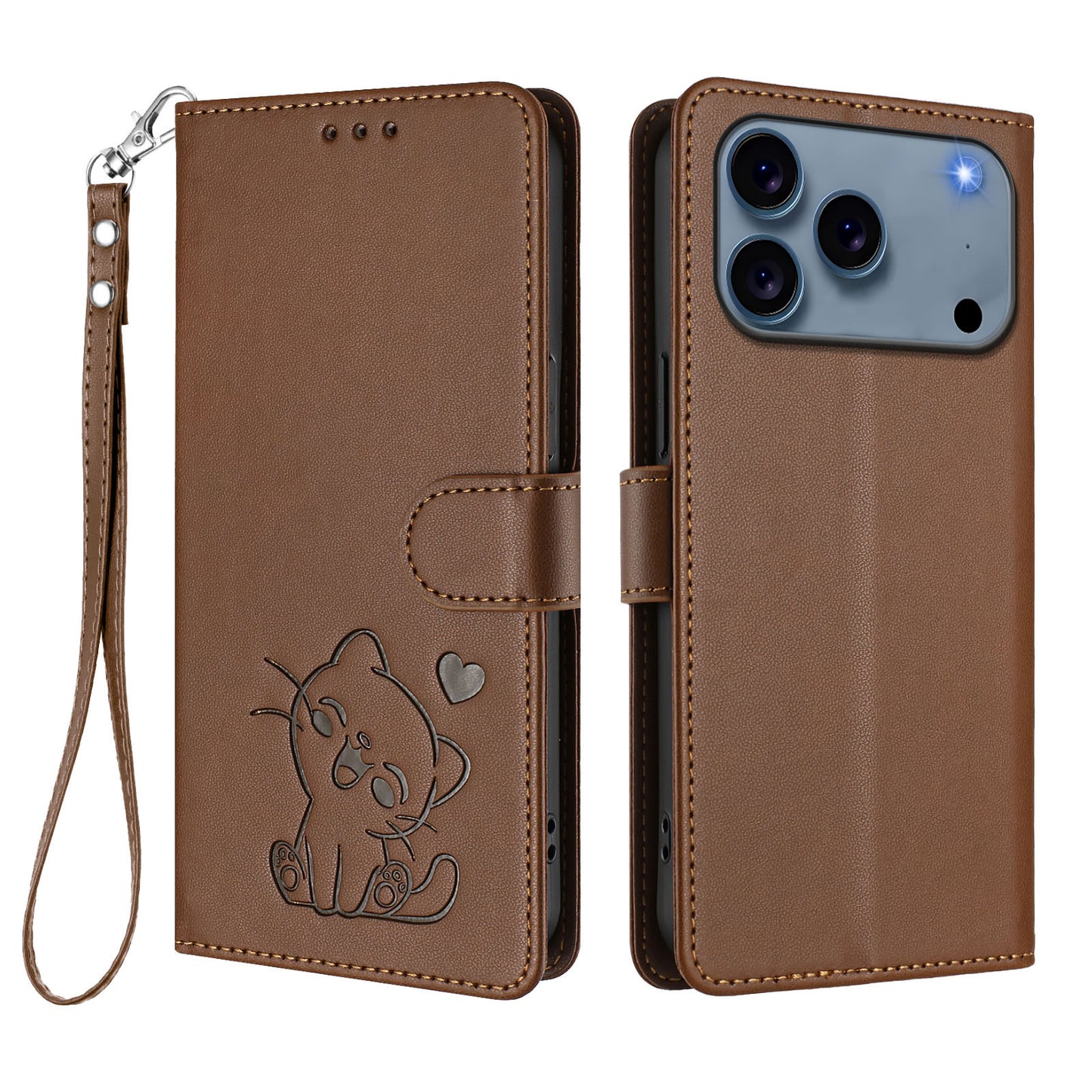 For iPhone 17 Pro Max Wallet Case with Wrist Strap Love Cat Pattern Imprint Leather Phone Cover - Brown