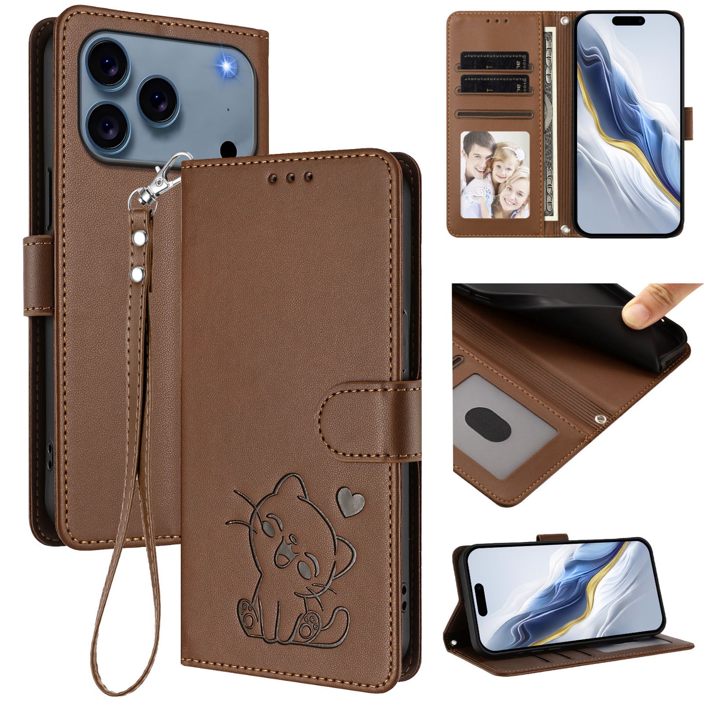 For iPhone 17 Pro Max Wallet Case with Wrist Strap Love Cat Pattern Imprint Leather Phone Cover - Brown