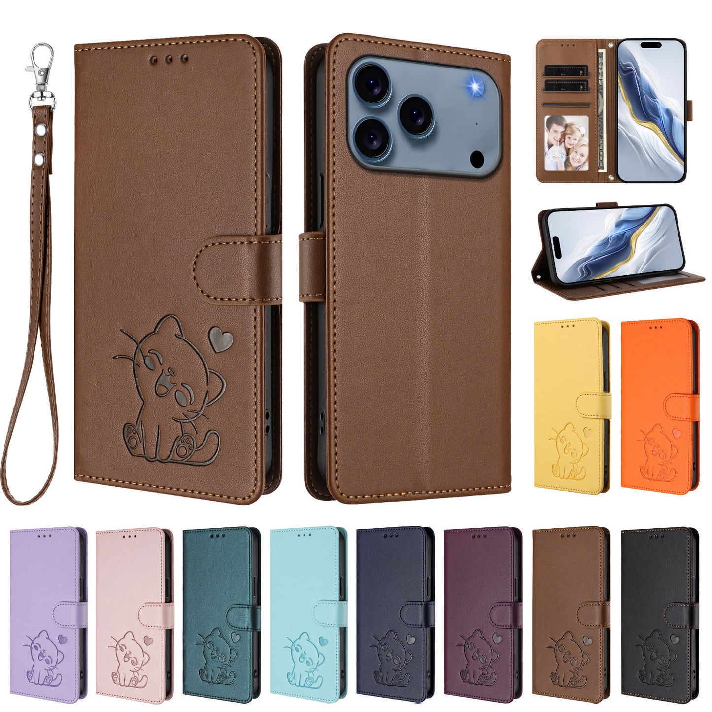 For iPhone 17 Pro Max Wallet Case with Wrist Strap Love Cat Pattern Imprint Leather Phone Cover - Brown