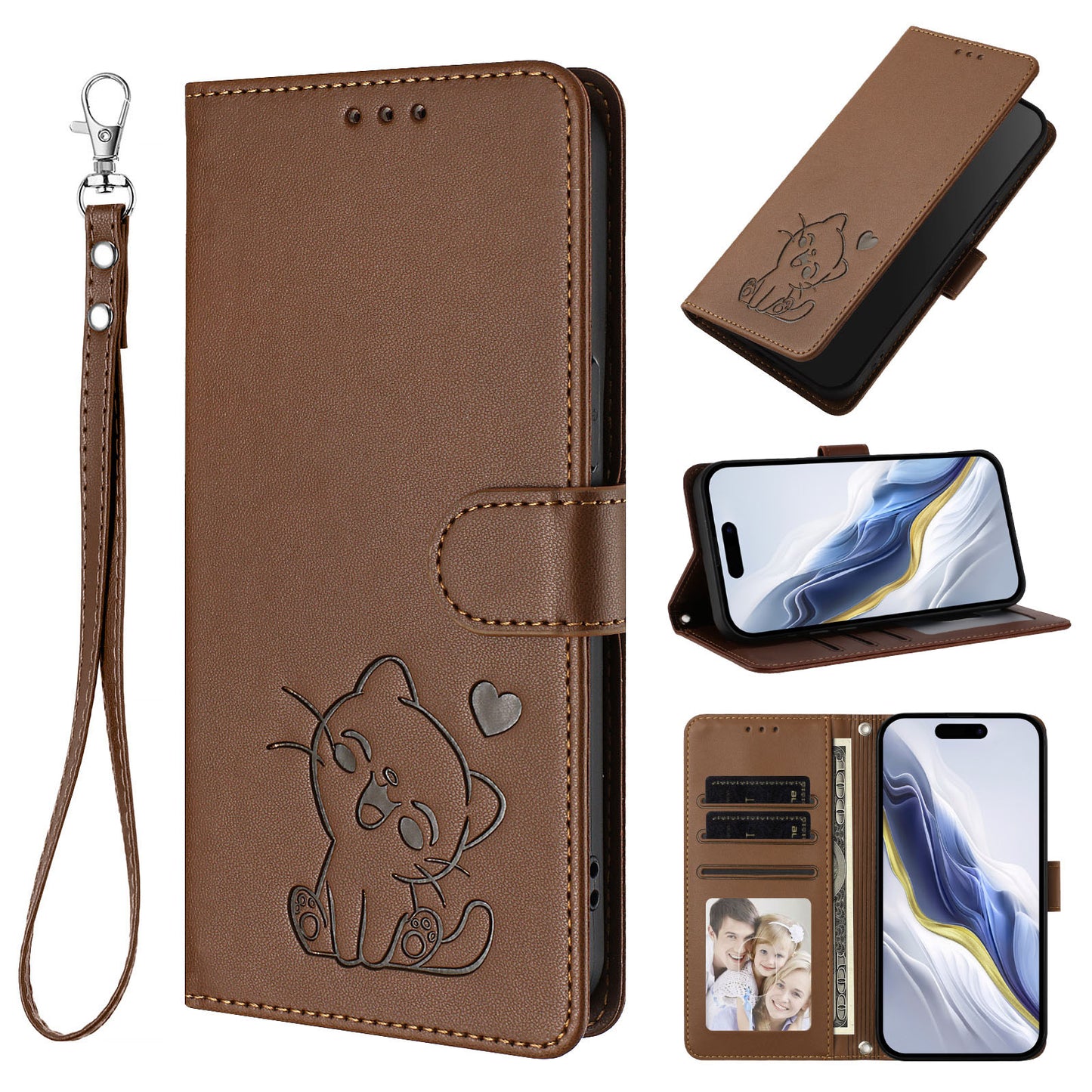 For iPhone 17 Pro Max Wallet Case with Wrist Strap Love Cat Pattern Imprint Leather Phone Cover - Brown