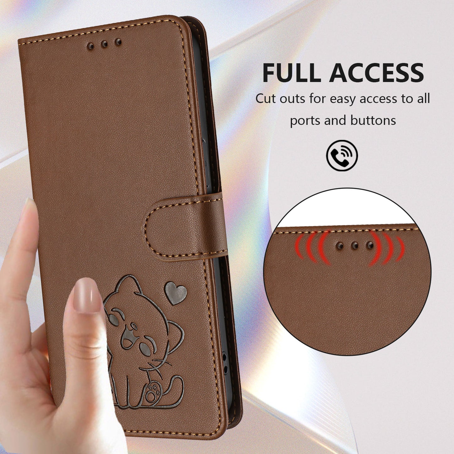 For iPhone 17 Pro Max Wallet Case with Wrist Strap Love Cat Pattern Imprint Leather Phone Cover - Brown