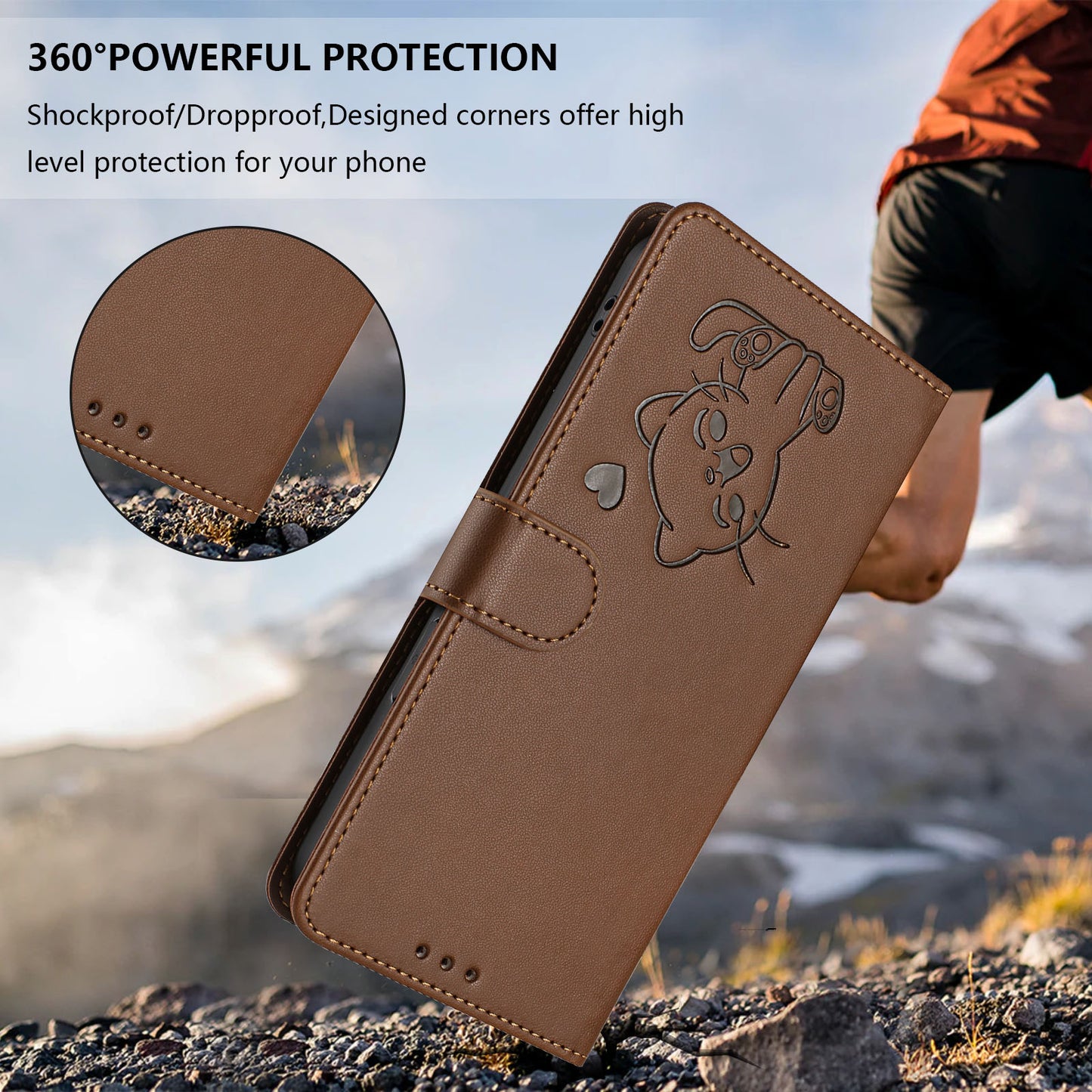 For iPhone 17 Pro Max Wallet Case with Wrist Strap Love Cat Pattern Imprint Leather Phone Cover - Brown