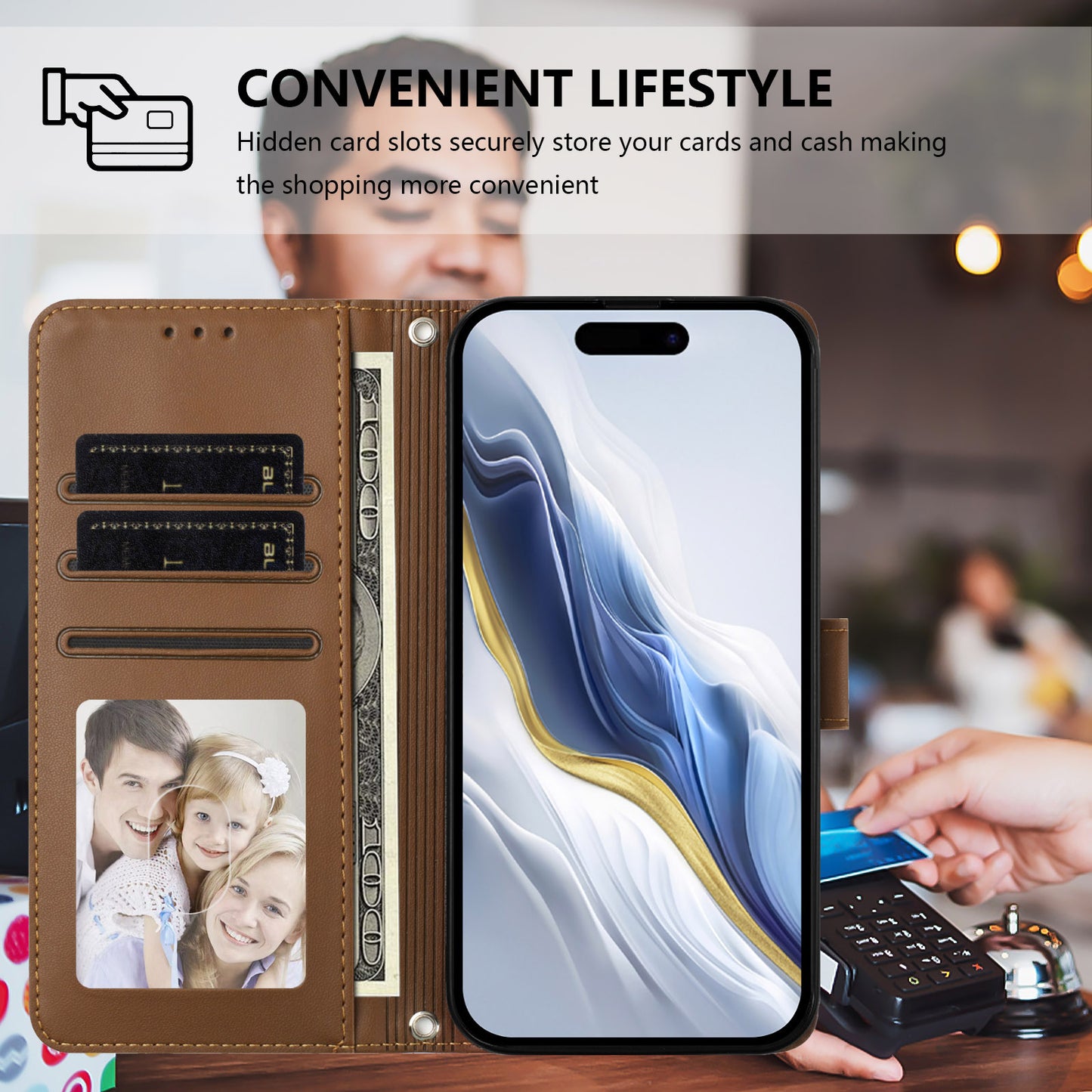 For iPhone 17 Pro Max Wallet Case with Wrist Strap Love Cat Pattern Imprint Leather Phone Cover - Brown