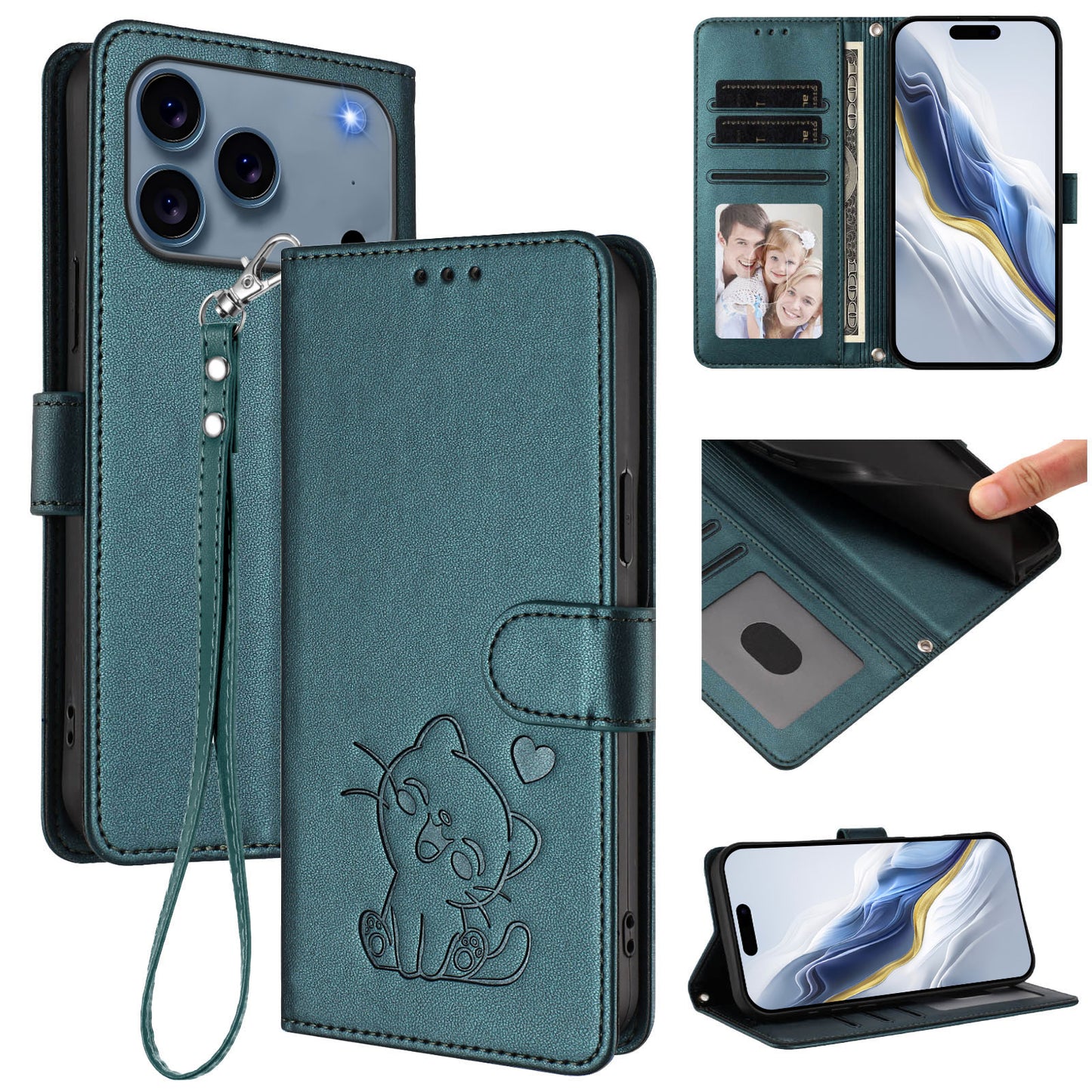 For iPhone 17 Pro Max Wallet Case with Wrist Strap Love Cat Pattern Imprint Leather Phone Cover - Green