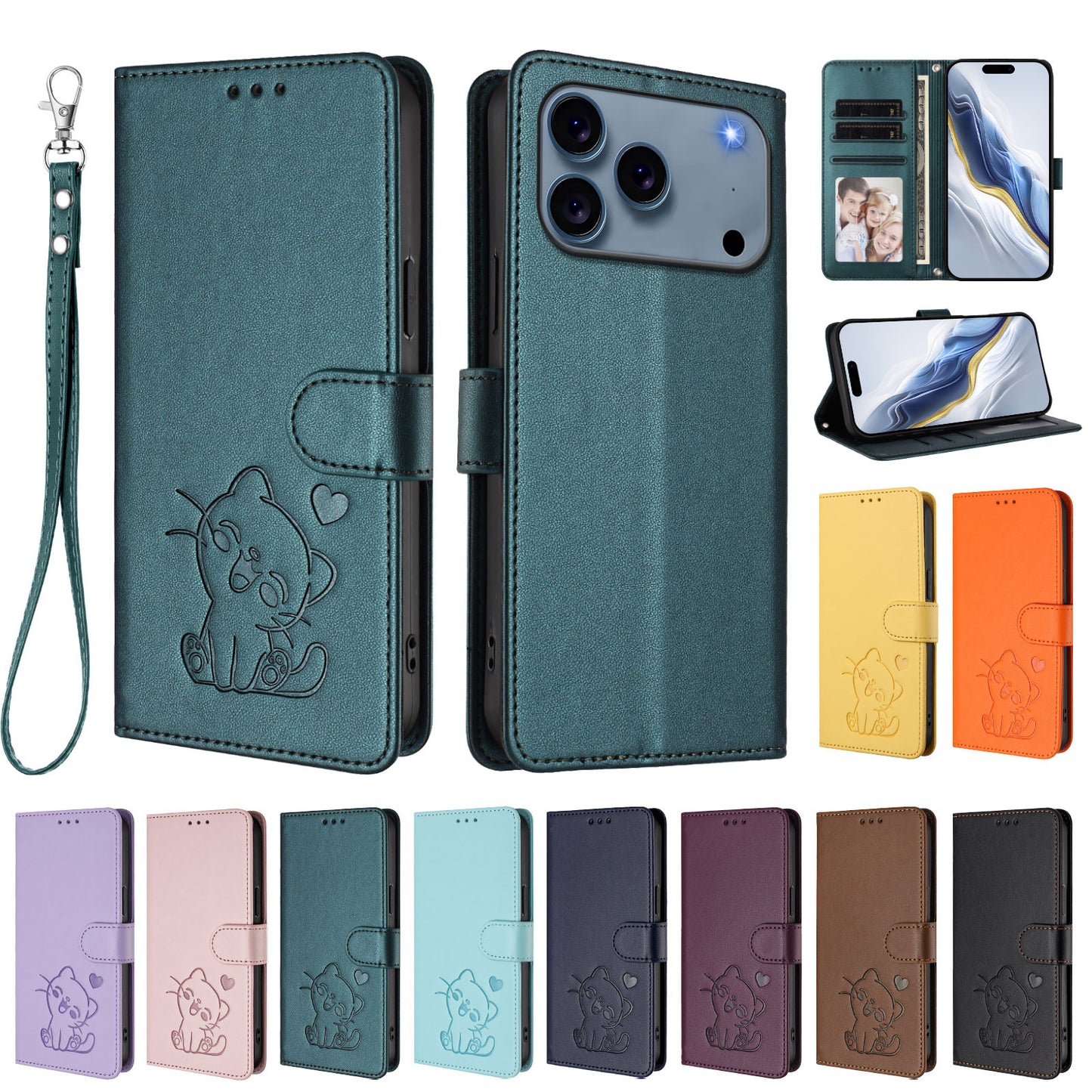 For iPhone 17 Pro Max Wallet Case with Wrist Strap Love Cat Pattern Imprint Leather Phone Cover - Green