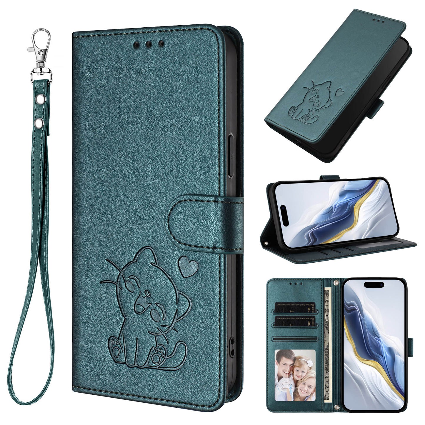 For iPhone 17 Pro Max Wallet Case with Wrist Strap Love Cat Pattern Imprint Leather Phone Cover - Green