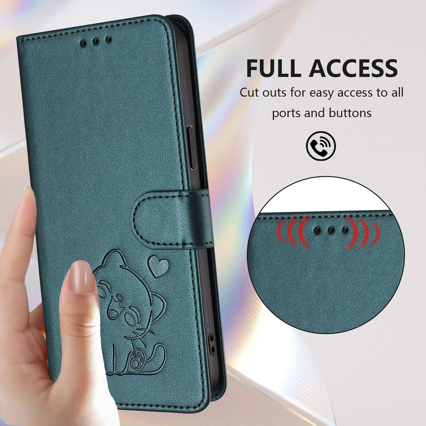 For iPhone 17 Pro Max Wallet Case with Wrist Strap Love Cat Pattern Imprint Leather Phone Cover - Green