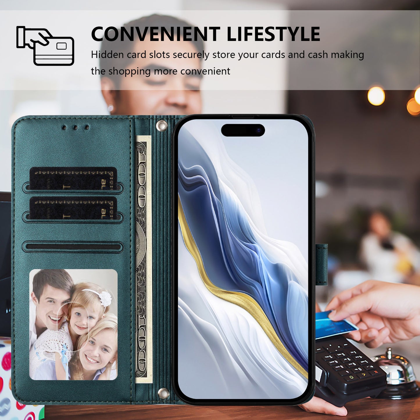 For iPhone 17 Pro Max Wallet Case with Wrist Strap Love Cat Pattern Imprint Leather Phone Cover - Green