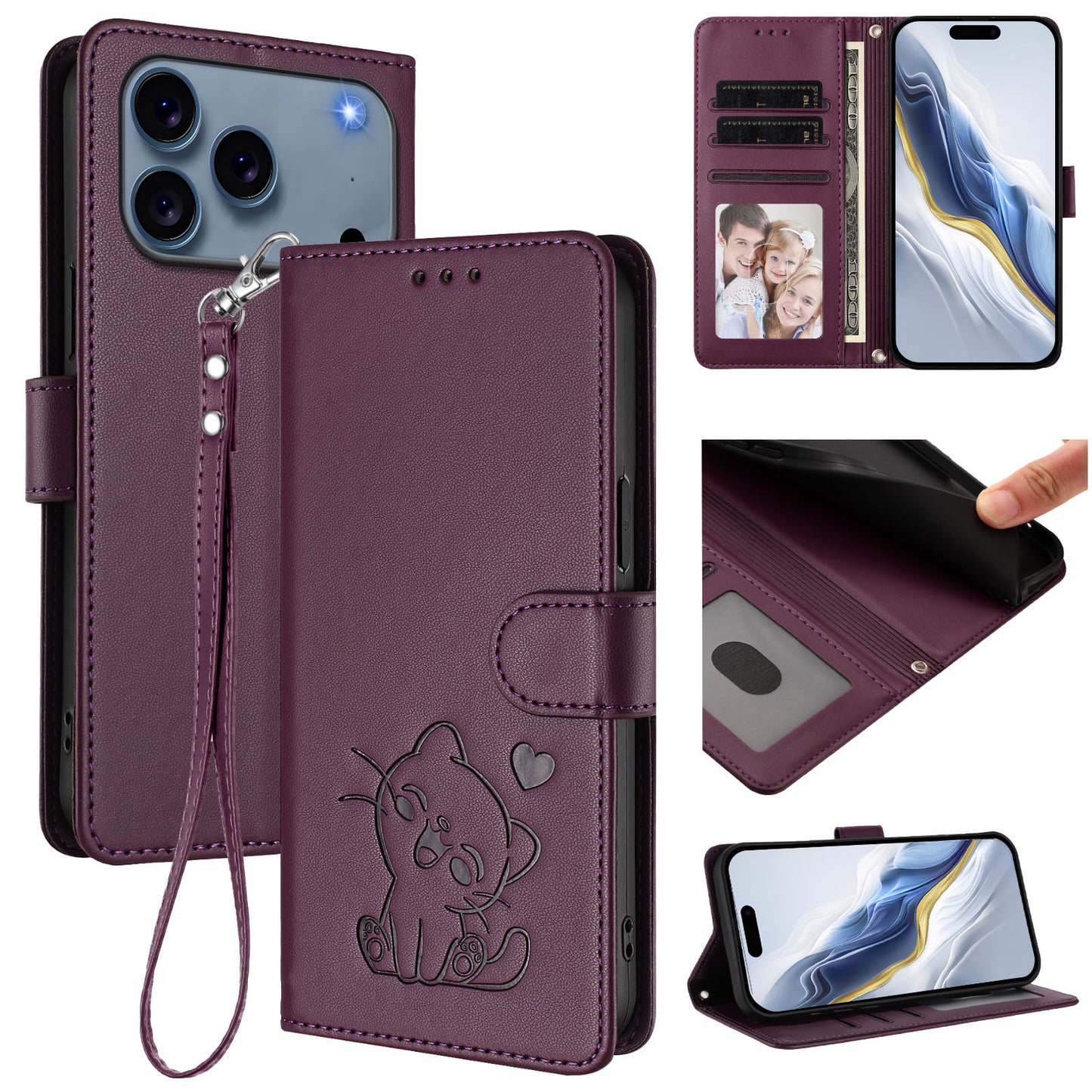 For iPhone 17 Pro Max Wallet Case with Wrist Strap Love Cat Pattern Imprint Leather Phone Cover - Purple