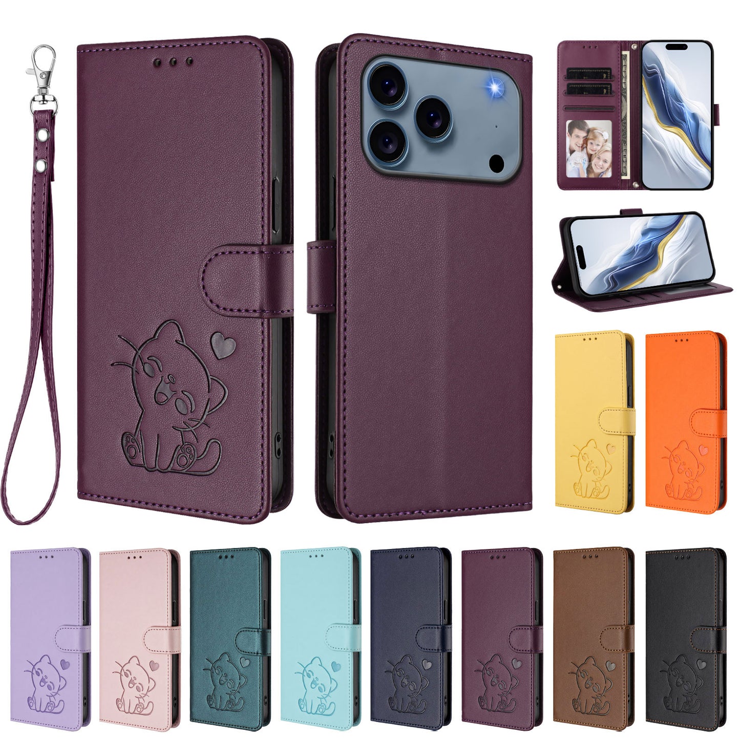 For iPhone 17 Pro Max Wallet Case with Wrist Strap Love Cat Pattern Imprint Leather Phone Cover - Purple