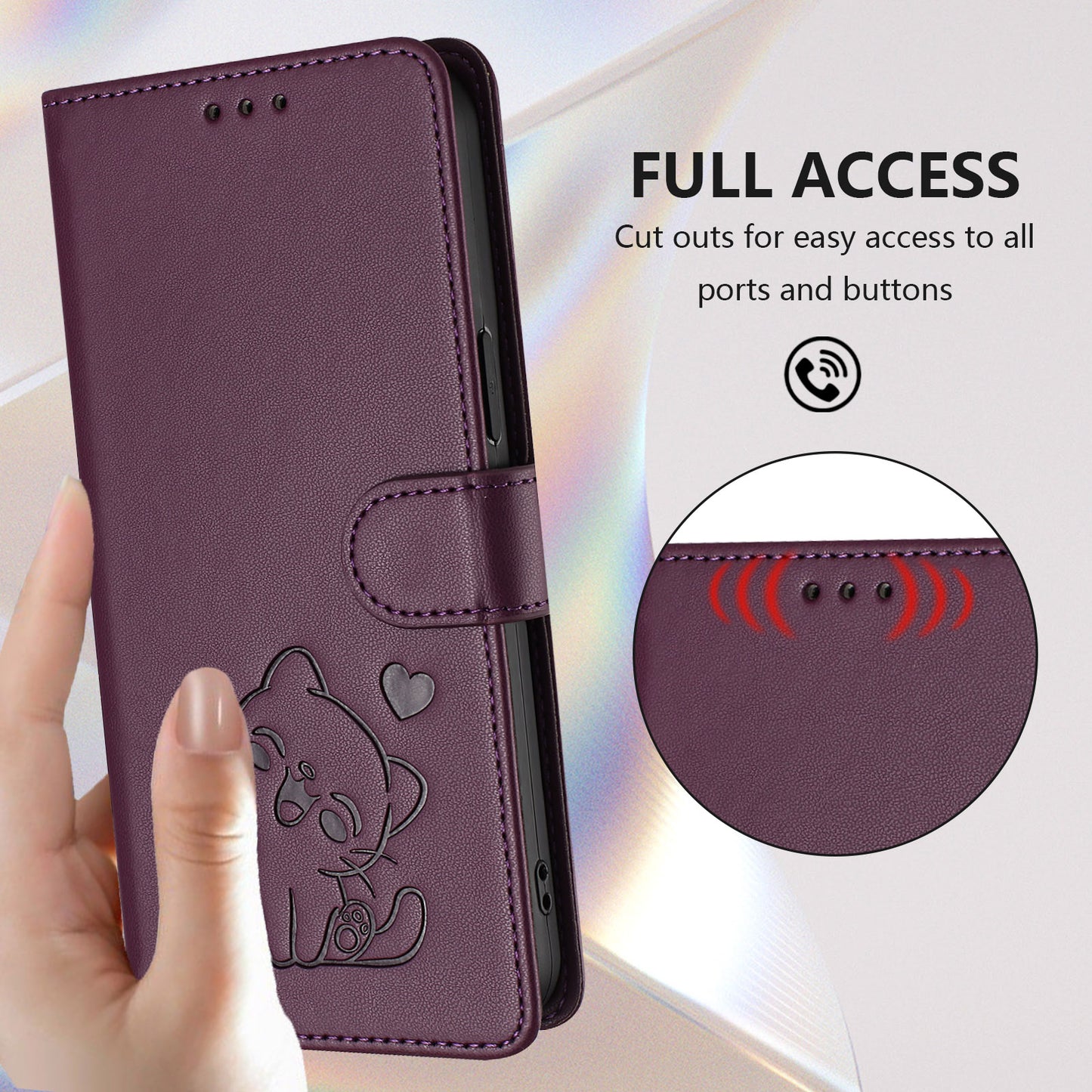 For iPhone 17 Pro Max Wallet Case with Wrist Strap Love Cat Pattern Imprint Leather Phone Cover - Purple