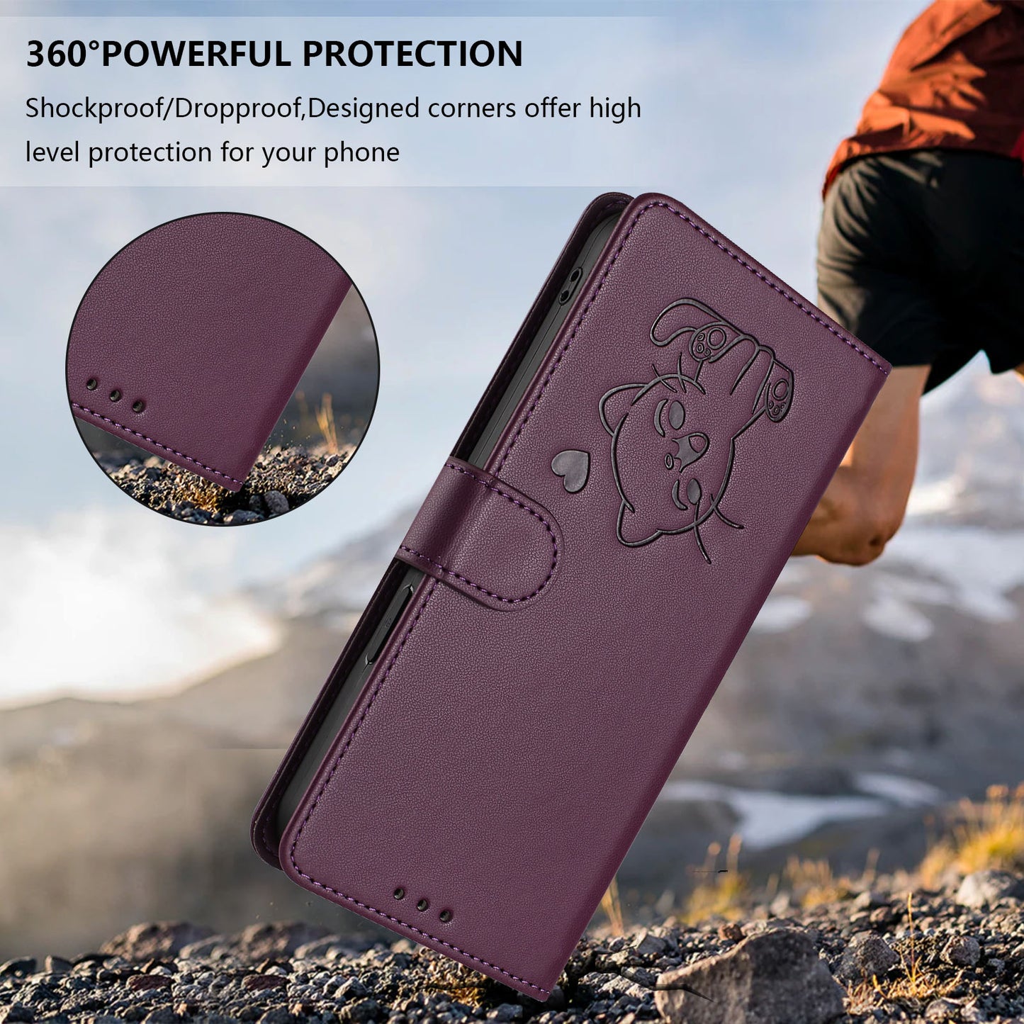 For iPhone 17 Pro Max Wallet Case with Wrist Strap Love Cat Pattern Imprint Leather Phone Cover - Purple