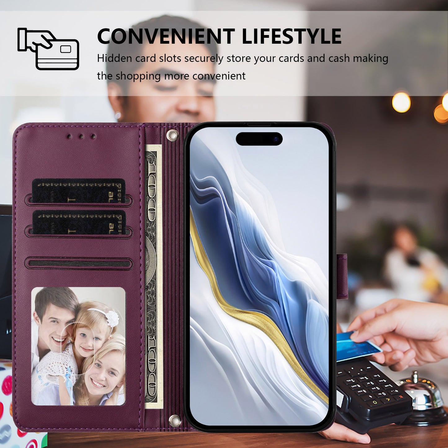 For iPhone 17 Pro Max Wallet Case with Wrist Strap Love Cat Pattern Imprint Leather Phone Cover - Purple