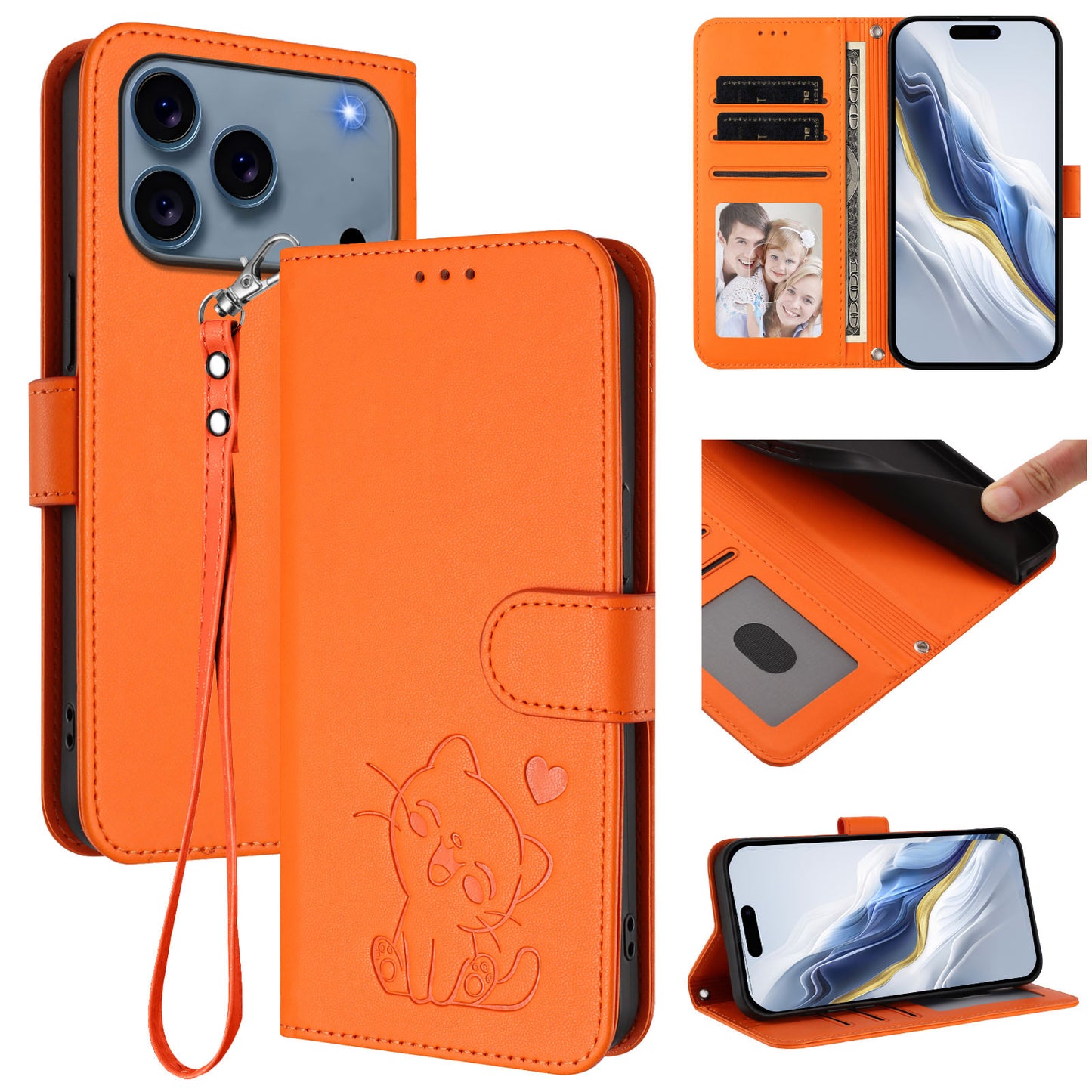 For iPhone 17 Pro Max Wallet Case with Wrist Strap Love Cat Pattern Imprint Leather Phone Cover - Orange