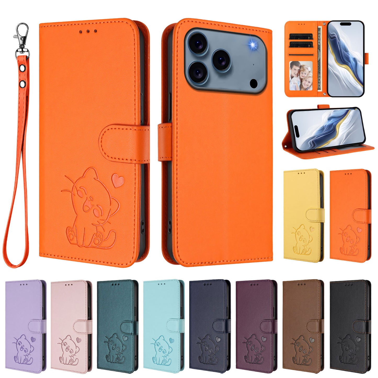 For iPhone 17 Pro Max Wallet Case with Wrist Strap Love Cat Pattern Imprint Leather Phone Cover - Orange