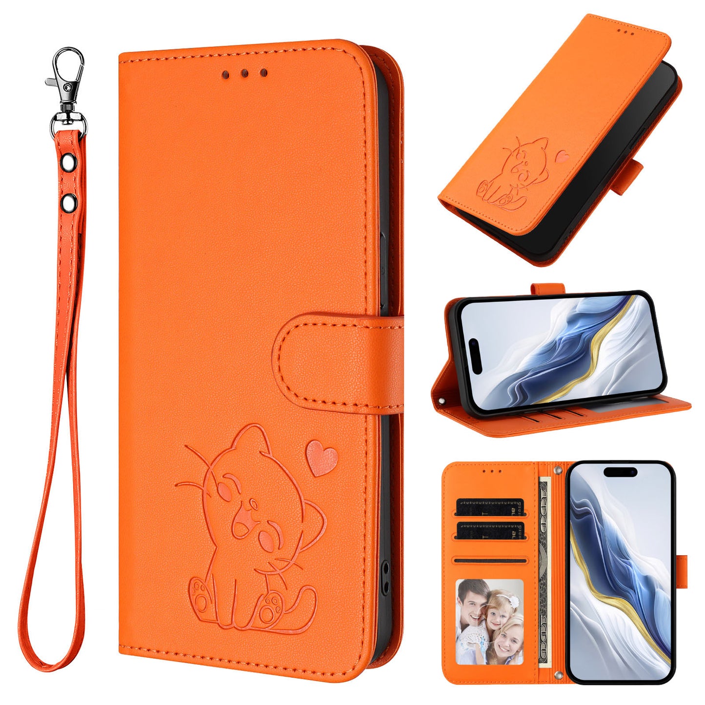 For iPhone 17 Pro Max Wallet Case with Wrist Strap Love Cat Pattern Imprint Leather Phone Cover - Orange