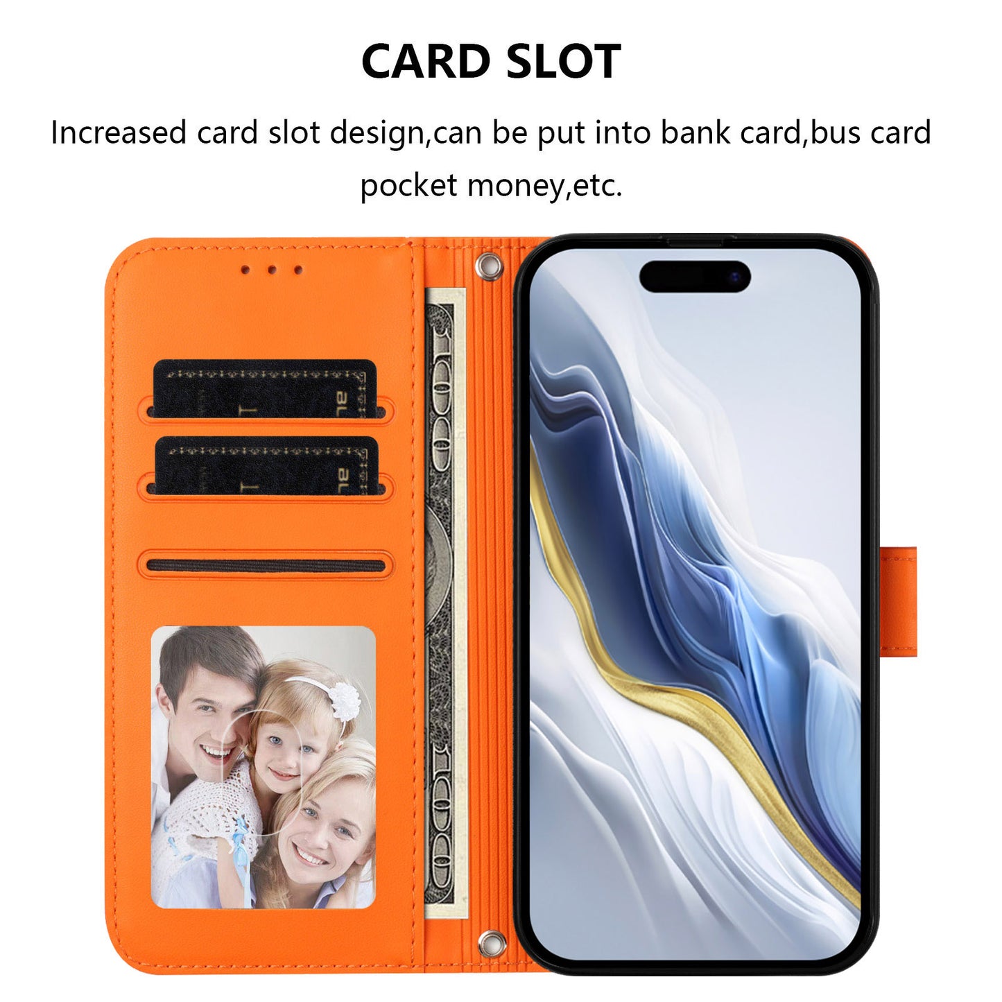 For iPhone 17 Pro Max Wallet Case with Wrist Strap Love Cat Pattern Imprint Leather Phone Cover - Orange