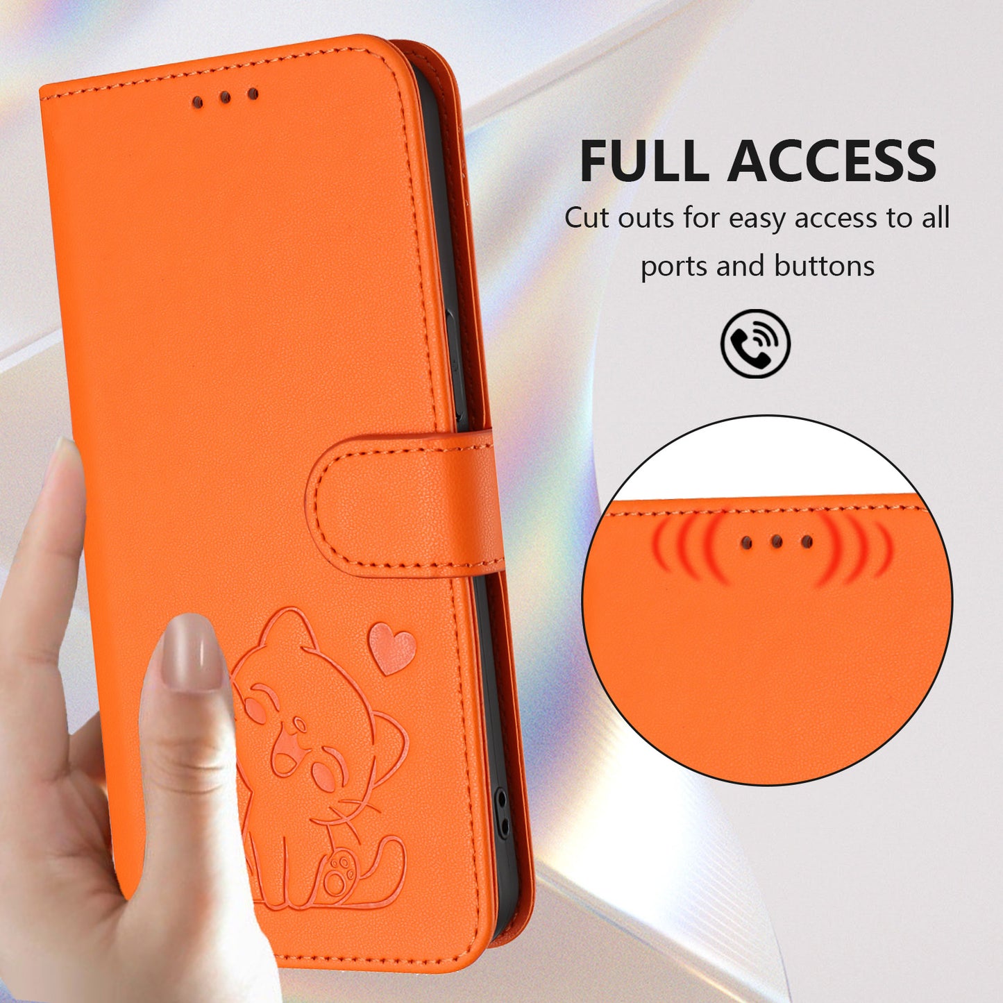 For iPhone 17 Pro Max Wallet Case with Wrist Strap Love Cat Pattern Imprint Leather Phone Cover - Orange