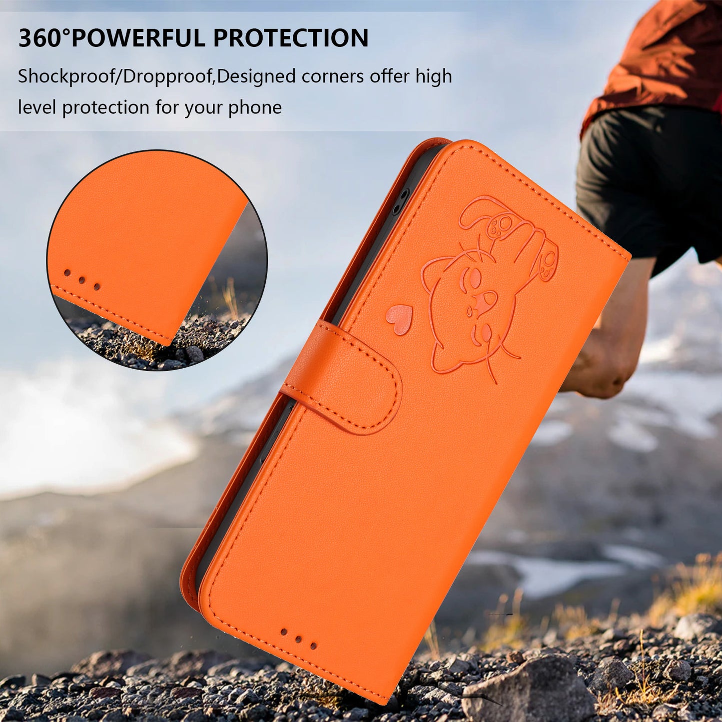 For iPhone 17 Pro Max Wallet Case with Wrist Strap Love Cat Pattern Imprint Leather Phone Cover - Orange