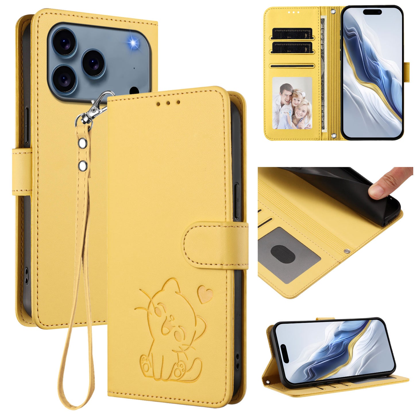 For iPhone 17 Pro Max Wallet Case with Wrist Strap Love Cat Pattern Imprint Leather Phone Cover - Yellow
