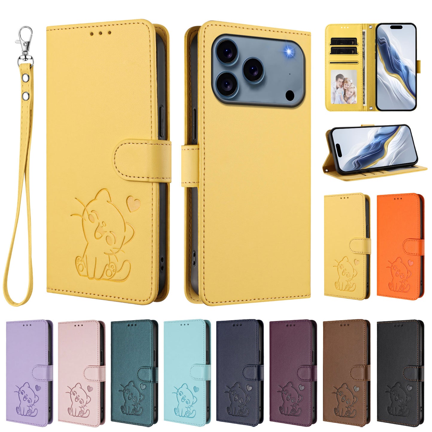 For iPhone 17 Pro Max Wallet Case with Wrist Strap Love Cat Pattern Imprint Leather Phone Cover - Yellow