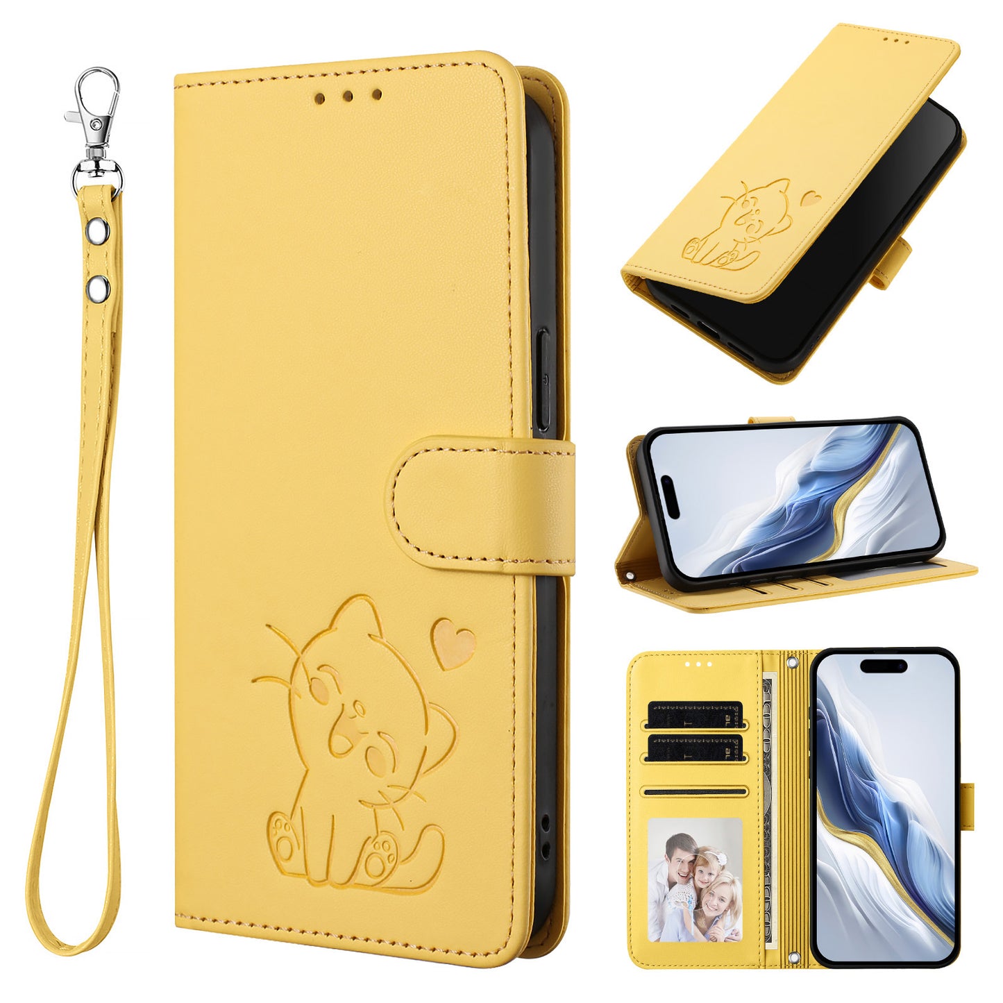 For iPhone 17 Pro Max Wallet Case with Wrist Strap Love Cat Pattern Imprint Leather Phone Cover - Yellow