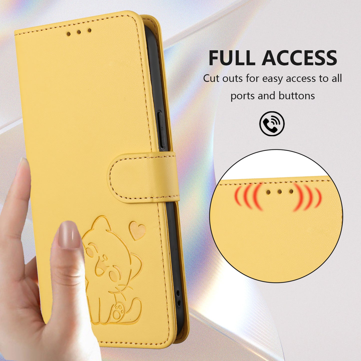 For iPhone 17 Pro Max Wallet Case with Wrist Strap Love Cat Pattern Imprint Leather Phone Cover - Yellow