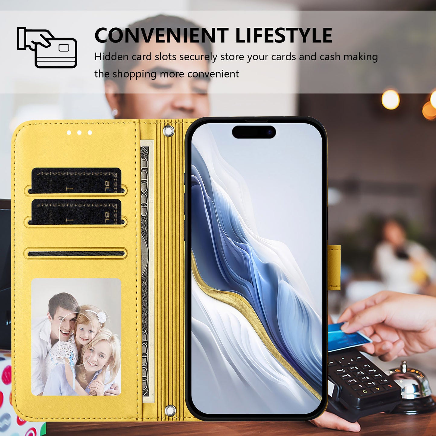 For iPhone 17 Pro Max Wallet Case with Wrist Strap Love Cat Pattern Imprint Leather Phone Cover - Yellow