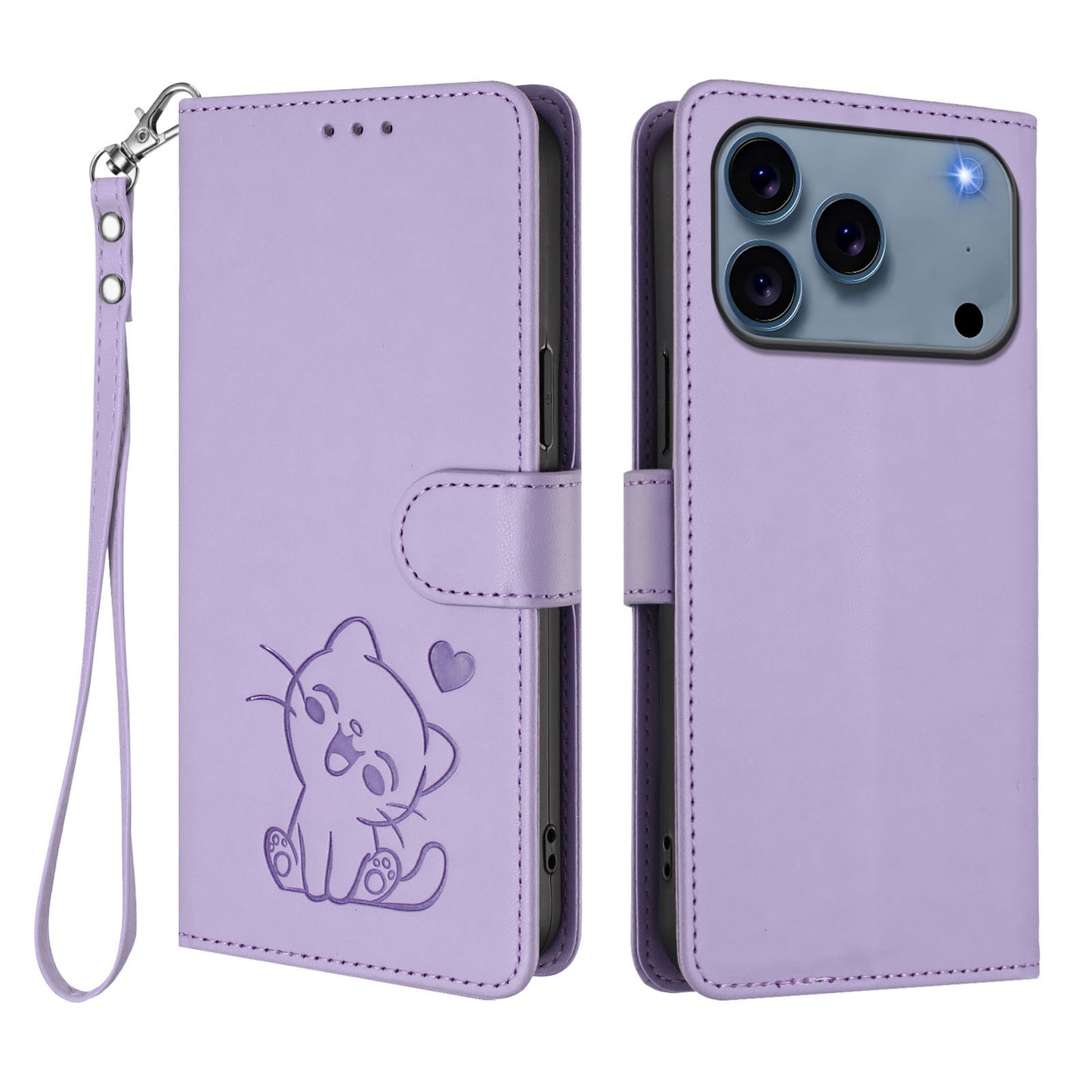 For iPhone 17 Pro Max Wallet Case with Wrist Strap Love Cat Pattern Imprint Leather Phone Cover - Light Purple