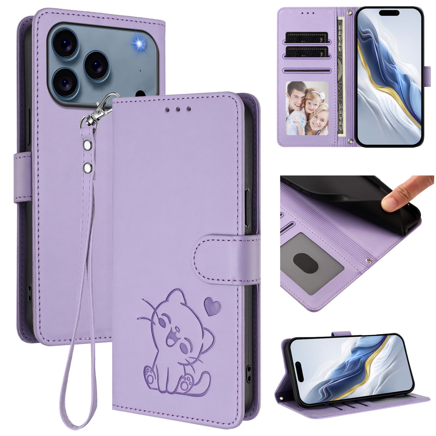 For iPhone 17 Pro Max Wallet Case with Wrist Strap Love Cat Pattern Imprint Leather Phone Cover - Light Purple