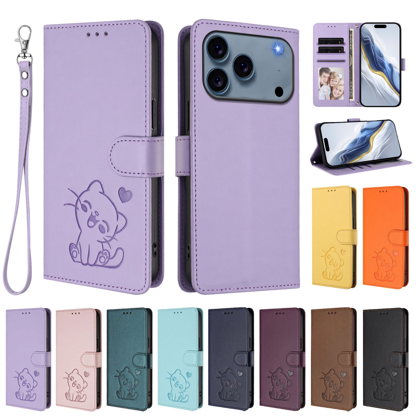 For iPhone 17 Pro Max Wallet Case with Wrist Strap Love Cat Pattern Imprint Leather Phone Cover - Light Purple