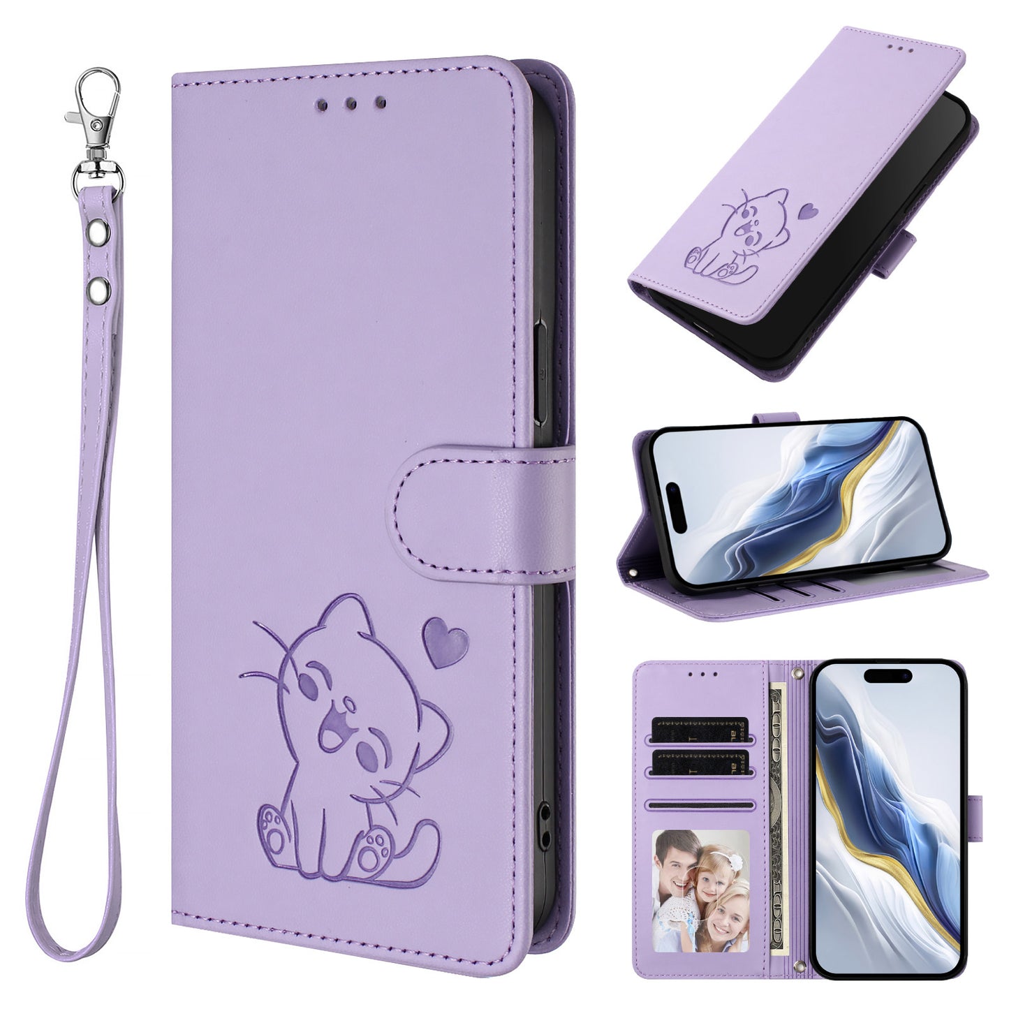 For iPhone 17 Pro Max Wallet Case with Wrist Strap Love Cat Pattern Imprint Leather Phone Cover - Light Purple