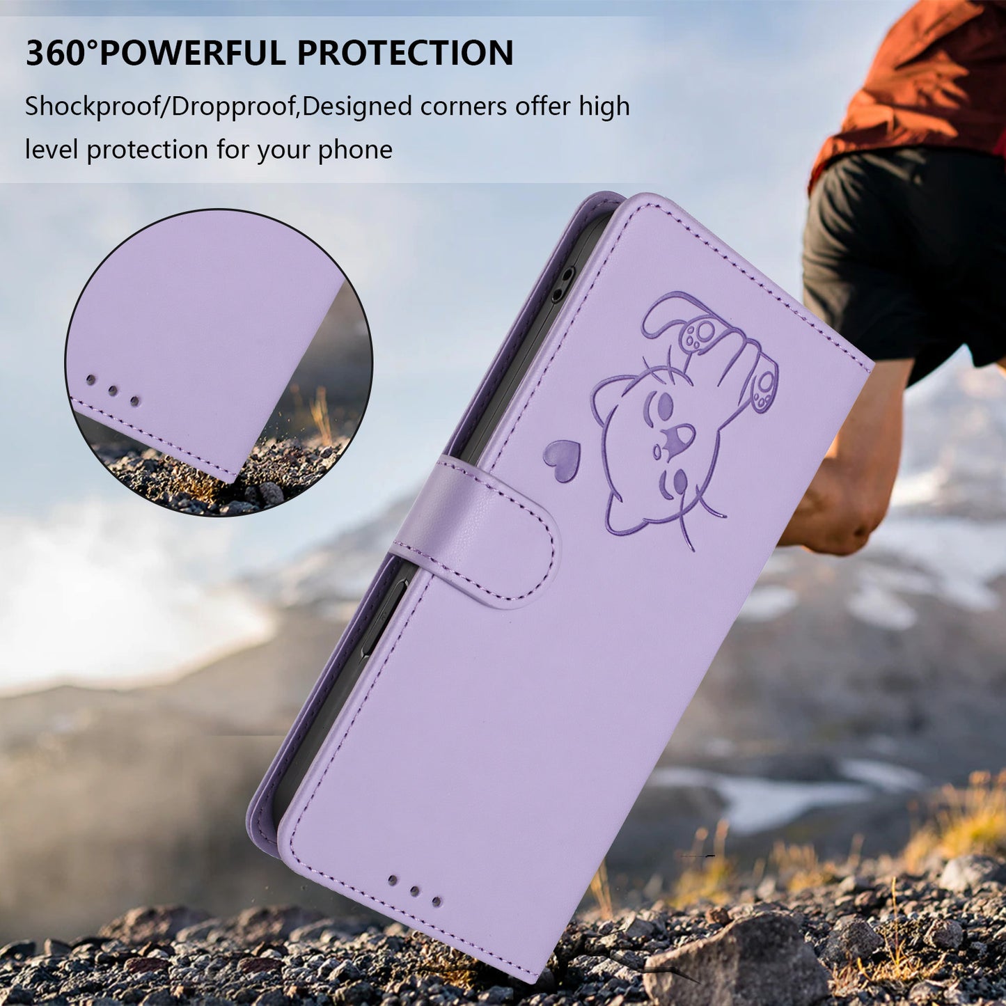 For iPhone 17 Pro Max Wallet Case with Wrist Strap Love Cat Pattern Imprint Leather Phone Cover - Light Purple