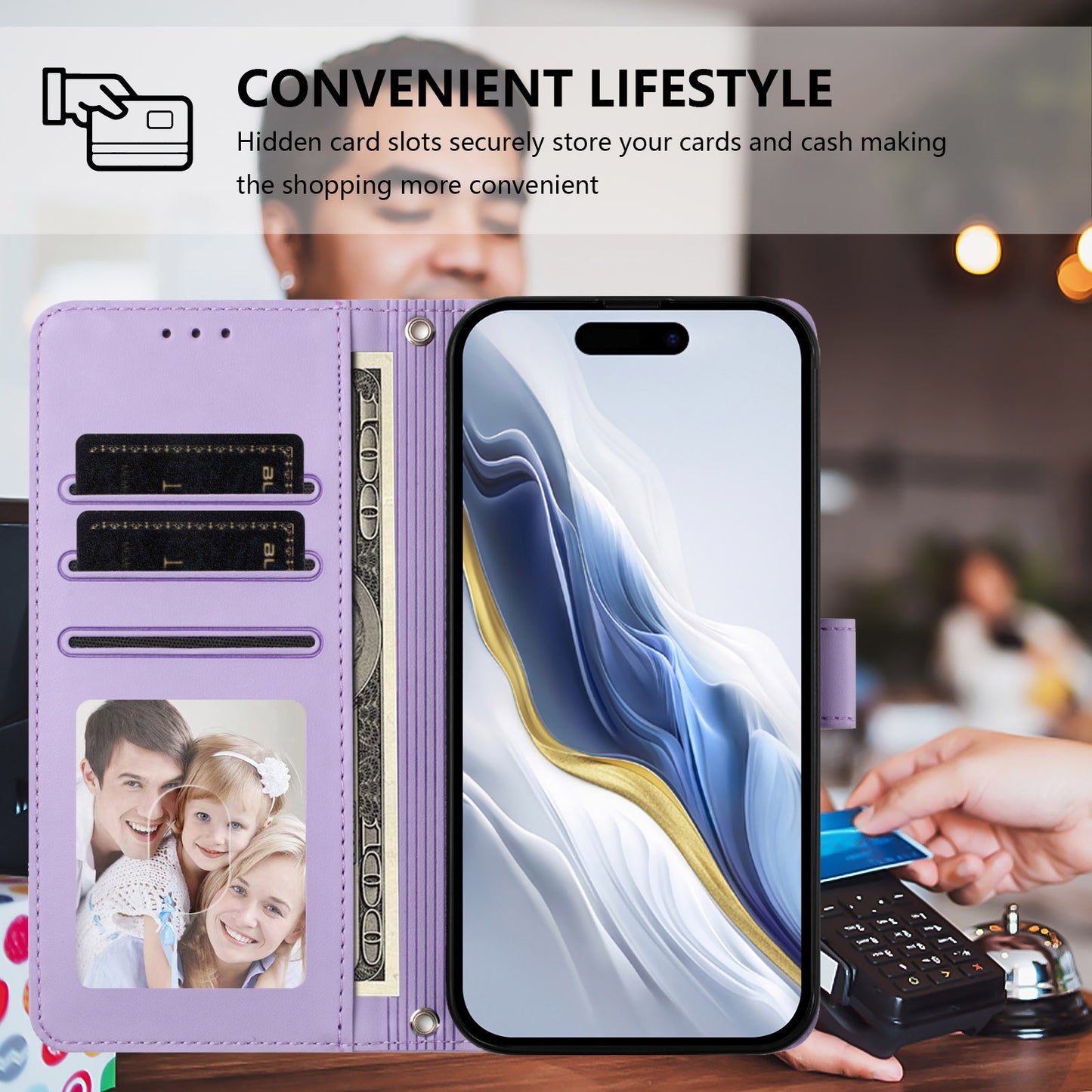 For iPhone 17 Pro Max Wallet Case with Wrist Strap Love Cat Pattern Imprint Leather Phone Cover - Light Purple